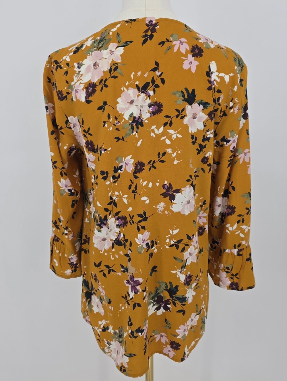 J.Jill Floral Tunic Top Women XS Mustard Yellow V Neck Bell Sleeve Rayon - Picture 4 of 10